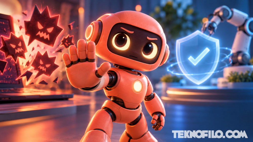Anthropic prohíbe tratar con crueldad a Claude: estas son sus nuevas reglas Ilustración de un robot de IA que pone un límite al abuso, junto a un escudo y un brazo robótico