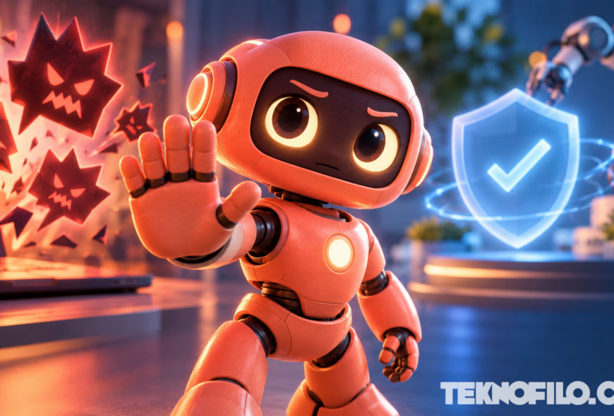 Ilustración de un robot de IA que pone un límite al abuso, junto a un escudo y un brazo robótico
