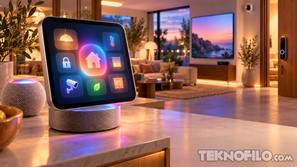 HomeView, HomePod mini y Apple TV: Todo lo nuevo que conoceremos en el evento del 13/10 Ilustración conceptual de una pantalla inteligente y un altavoz en un hogar conectado, inspirada en los rumores sobre Apple HomeView