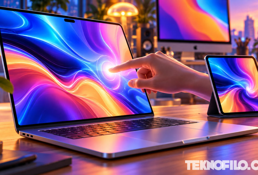 Ilustración conceptual de un MacBook Pro táctil junto a un iPad mini con pantalla OLED