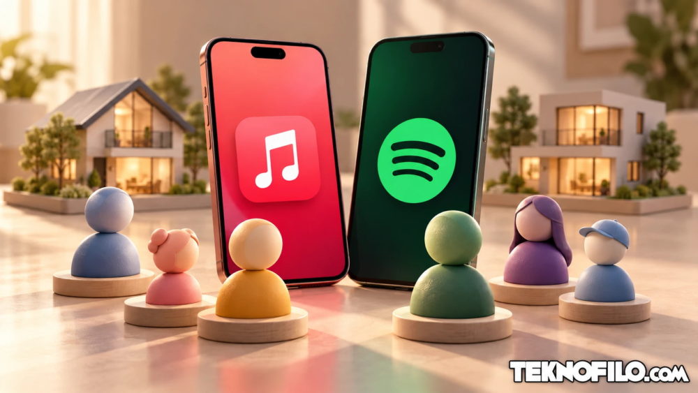 Apple Music Familiar tiene una ventaja sobre Spotify Premium Familiar si tu familia está dispersa Dos smartphones con logos de Apple Music y Spotify rodeados de figuras en miniatura frente a casas modernas.