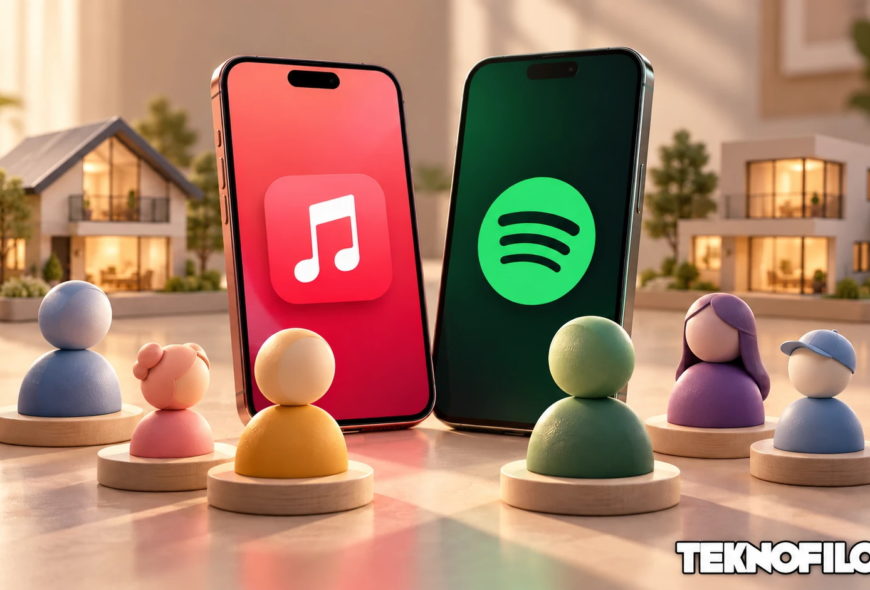 Dos smartphones con logos de Apple Music y Spotify rodeados de figuras en miniatura frente a casas modernas.