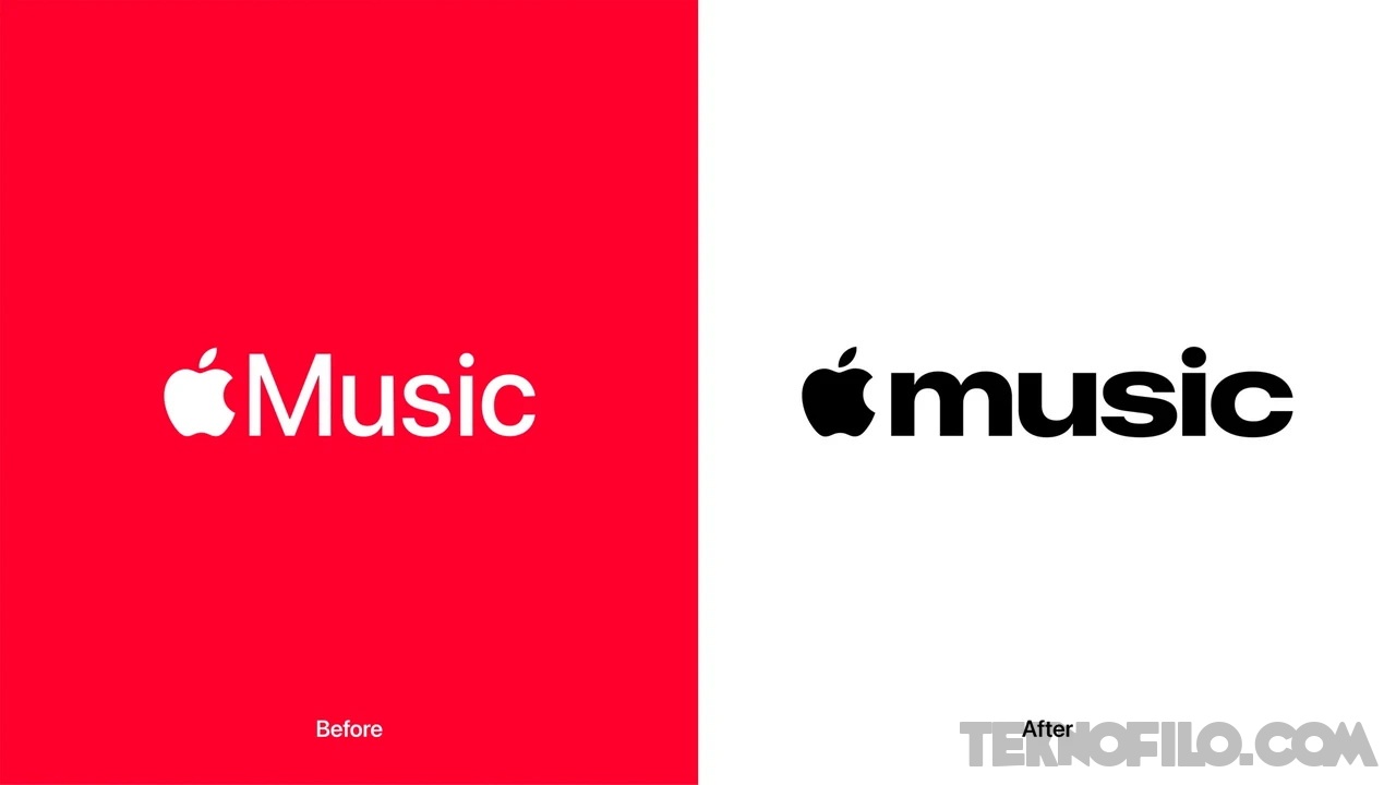 Comparación entre el antiguo logotipo de Apple Music y su nueva tipografía en minúscula