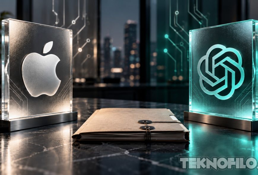 Ilustración editorial de Apple y OpenAI con una carpeta entre ambos logotipos
