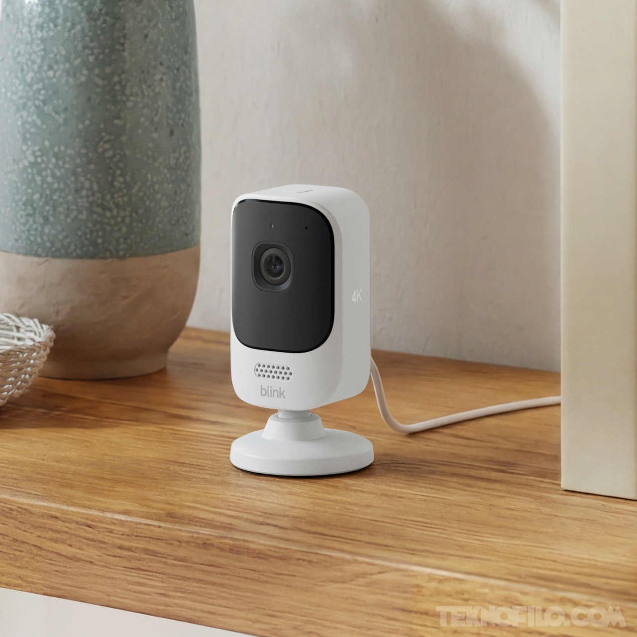 Blink Mini 4K+ blanca sobre una mesa en el interior de una vivienda