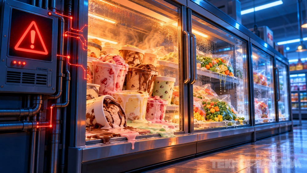 Ilustración de un congelador de supermercado con helados derritiéndose y una alerta de seguridad.
