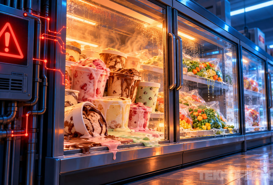 Un ciberataque lleva a 50 °C los frigoríficos de supermercados franceses Ilustración de un congelador de supermercado con helados derritiéndose y una alerta de seguridad.