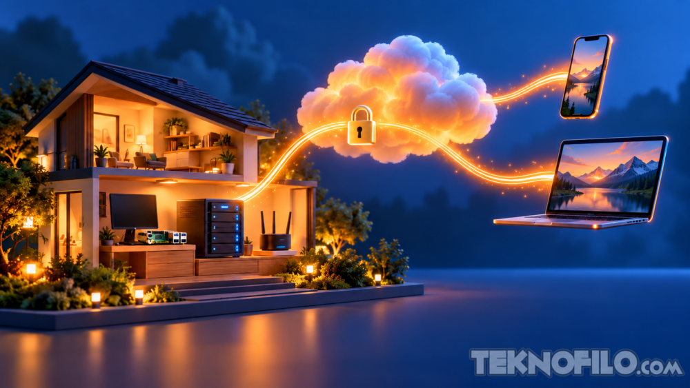 Ilustración de una casa con servidor y Raspberry Pi conectados a un móvil y un portátil mediante un túnel cifrado en la nube