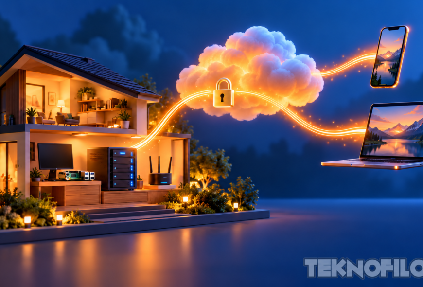 Ilustración de una casa con servidor y Raspberry Pi conectados a un móvil y un portátil mediante un túnel cifrado en la nube