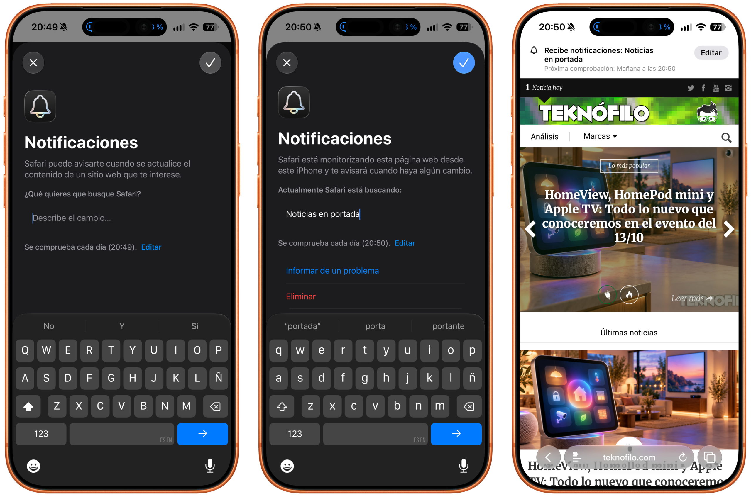 Pantallas de iPhone mostrando configuraciones de notificaciones de Safari y un sitio web de noticias sobre tecnología.