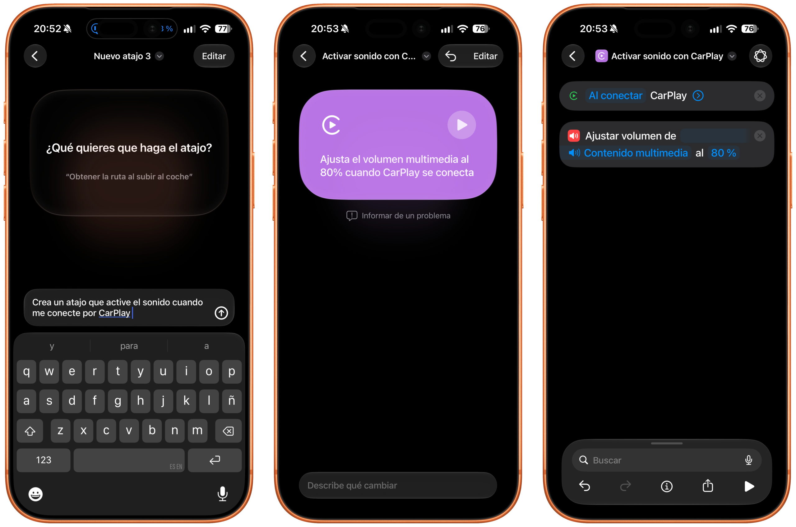 Configuración de atajo en iPhone para ajustar volumen de CarPlay al conectar. Pantallas de edición y ajustes.