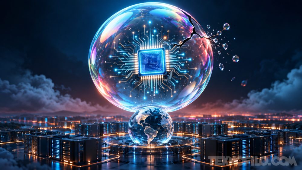 El FMI advierte: una burbuja de la IA podría golpear a la economía mundial Ilustración de una burbuja con un chip de inteligencia artificial sobre el planeta y centros de datos