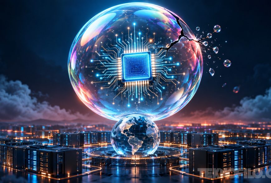 El FMI advierte: una burbuja de la IA podría golpear a la economía mundial Ilustración de una burbuja con un chip de inteligencia artificial sobre el planeta y centros de datos