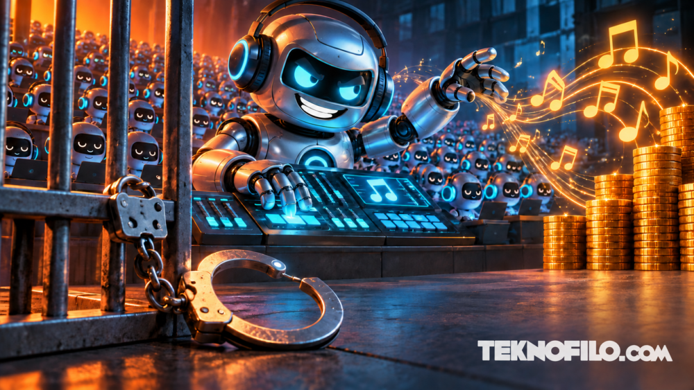 Ganó más de 7 millones de euros con canciones de IA y bots: ahora irá a prisión Ilustración de un robot con auriculares, oyentes automatizados, monedas y barrotes que representa un fraude de streaming musical con IA
