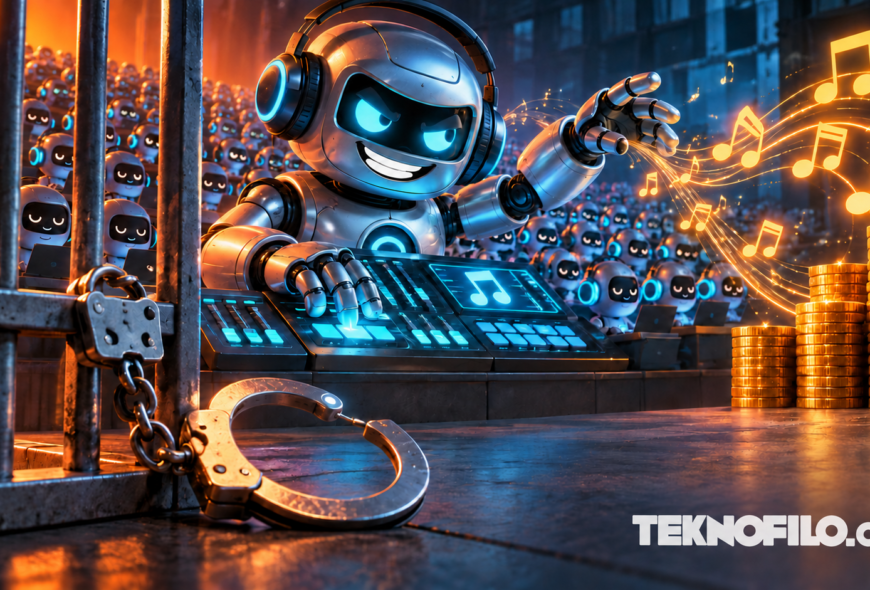 Ganó más de 7 millones de euros con canciones de IA y bots: ahora irá a prisión Ilustración de un robot con auriculares, oyentes automatizados, monedas y barrotes que representa un fraude de streaming musical con IA