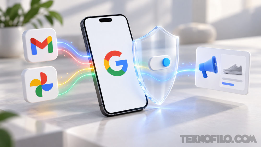 Google puede usar datos de Gmail y Fotos para anuncios si los conectas a su IA Ilustración conceptual de Gmail y Google Fotos conectados a Google y a anuncios, con controles de privacidad