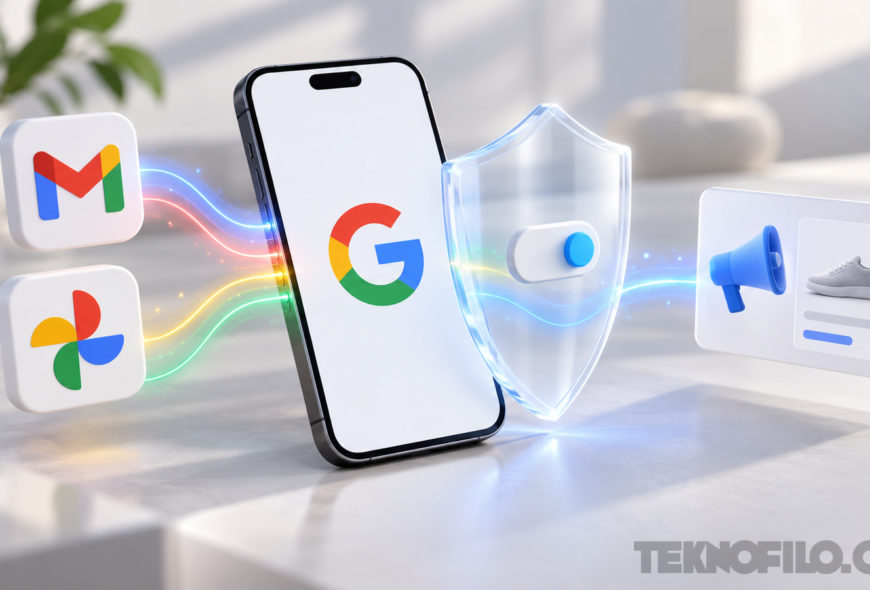 Ilustración conceptual de Gmail y Google Fotos conectados a Google y a anuncios, con controles de privacidad