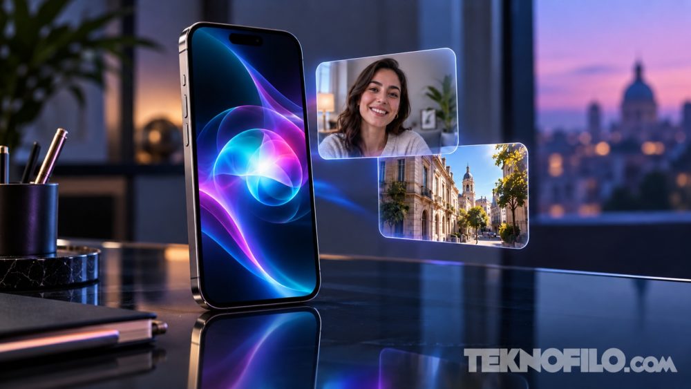 Ilustración de un iPhone con luces de inteligencia artificial y dos vistas de una videollamada