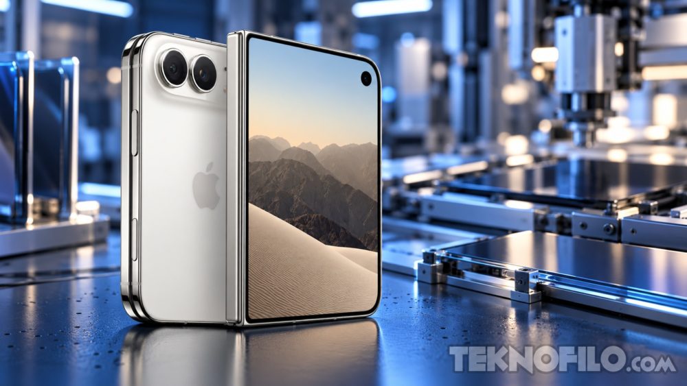 Apple explica el papel de Samsung en la pantalla del iPhone Duo Ilustración del iPhone Duo sobre una mesa de desarrollo de pantallas