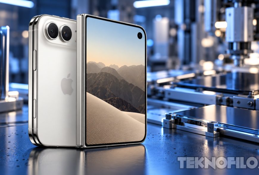 Apple explica el papel de Samsung en la pantalla del iPhone Duo Ilustración del iPhone Duo sobre una mesa de desarrollo de pantallas