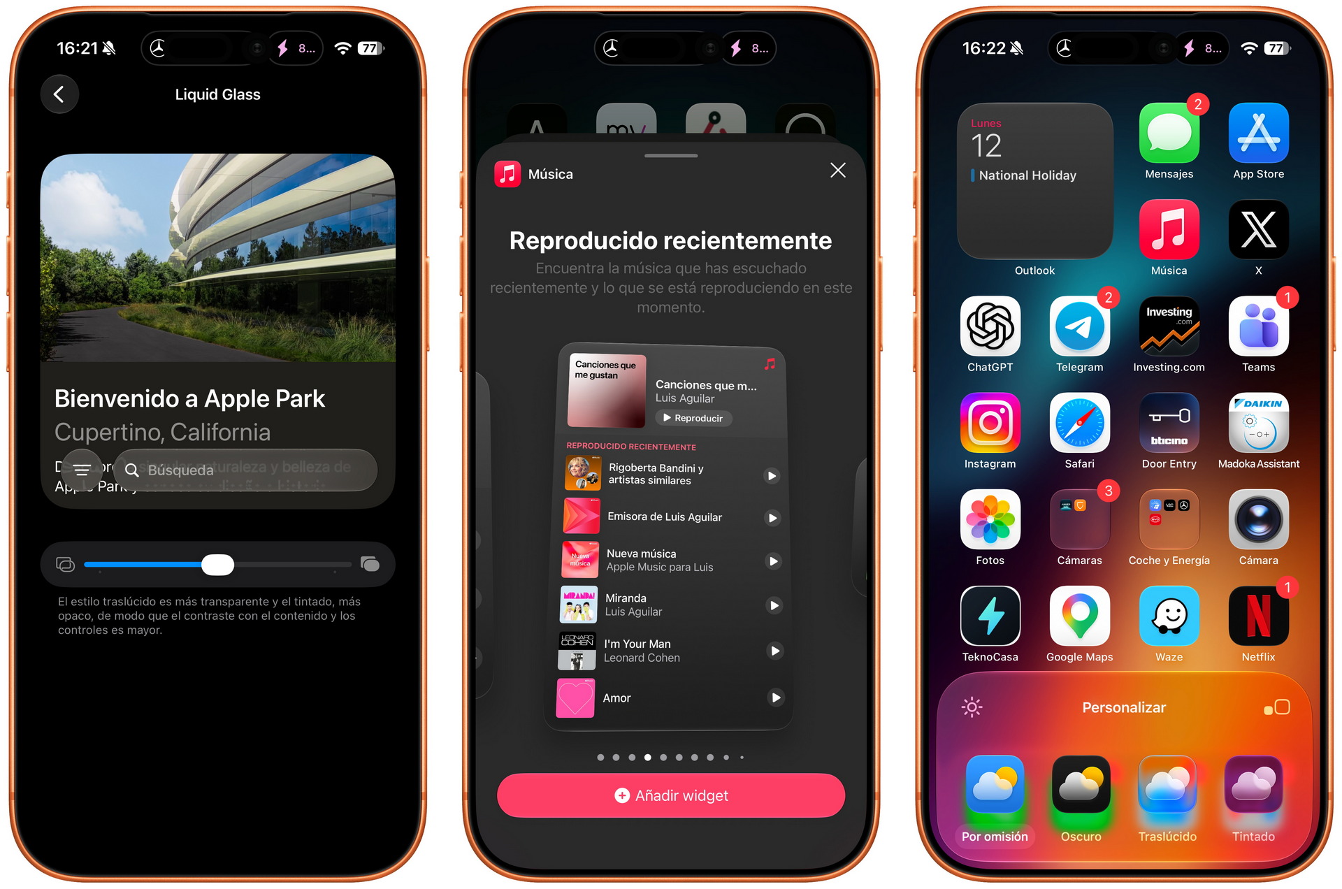 Tres pantallas de iPhone muestran Apple Park, música reciente y aplicaciones en la pantalla de inicio.