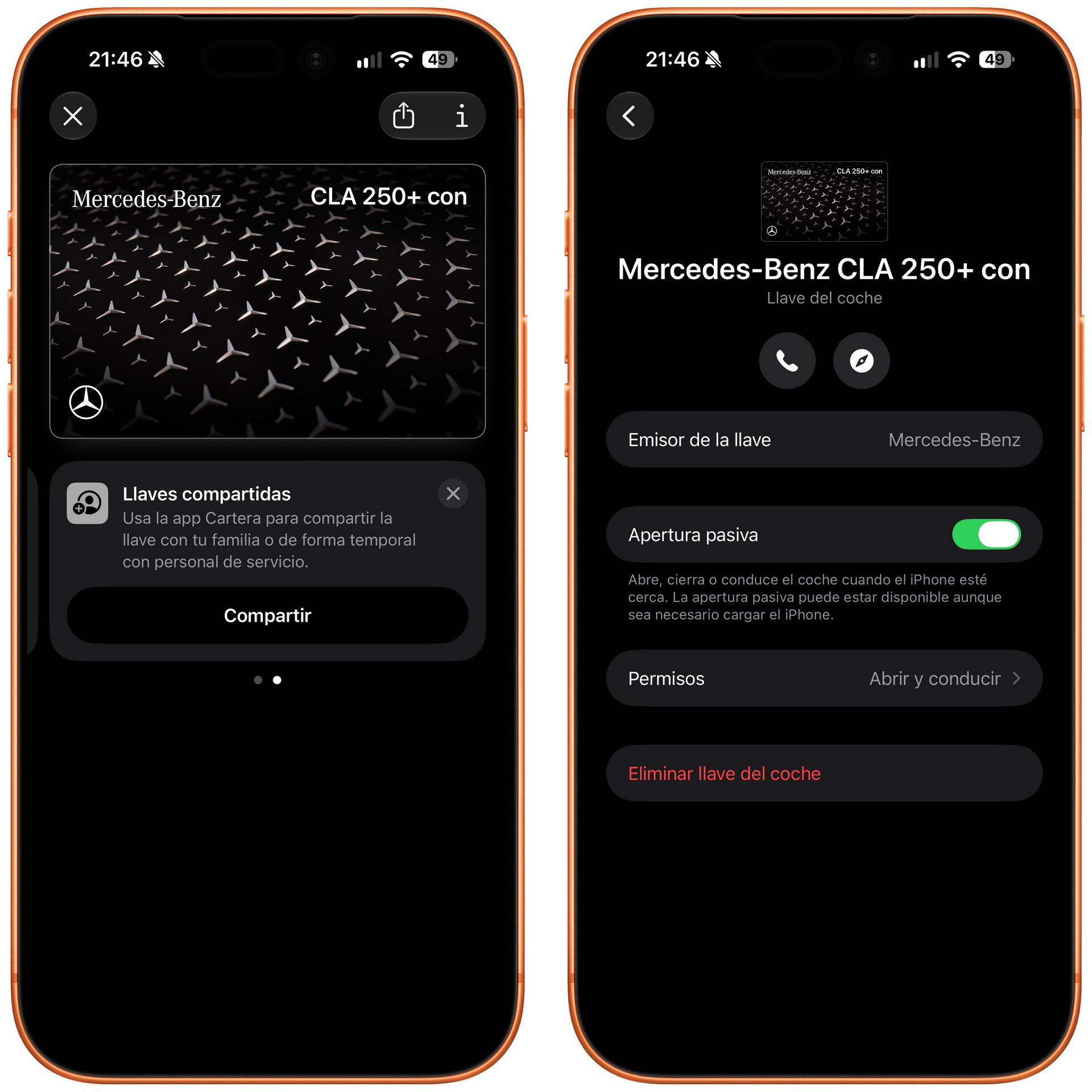Pantalla de iPhone mostrando la función de llaves digitales del coche Mercedes-Benz CLA 250+.