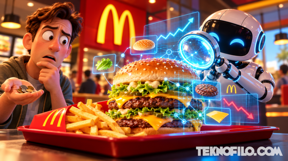Ilustración 3D de un robot analizando una hamburguesa en McDonald’s ante un cliente sorprendido