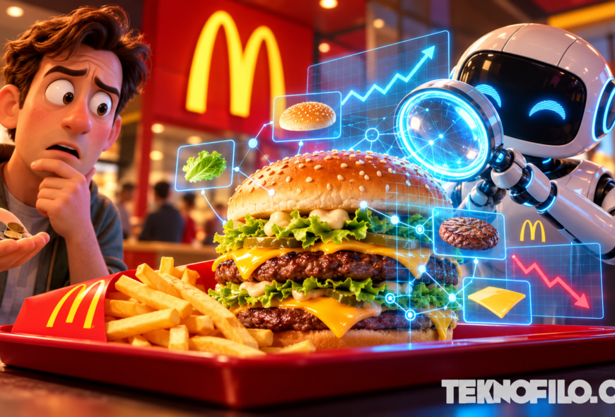 Ilustración 3D de un robot analizando una hamburguesa en McDonald’s ante un cliente sorprendido