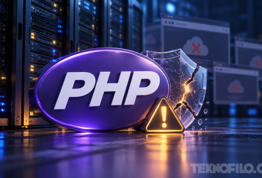 Ilustración de PHP, servidores y una alerta de seguridad con la marca de agua de Teknofilo.com
