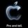 Logotipo luminoso de Apple sobre fondo negro con el lema Pro and tell