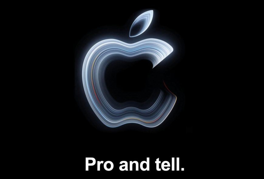 Apple Pro and tell: qué esperar del nuevo evento Logotipo luminoso de Apple sobre fondo negro con el lema Pro and tell
