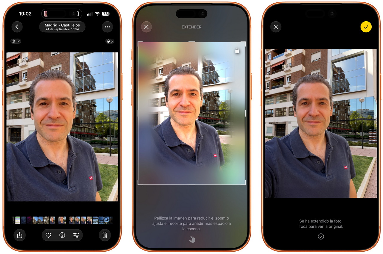 Tres pantallas de un teléfono mostrando la edición de una foto al aire libre en Madrid, Castillejos.