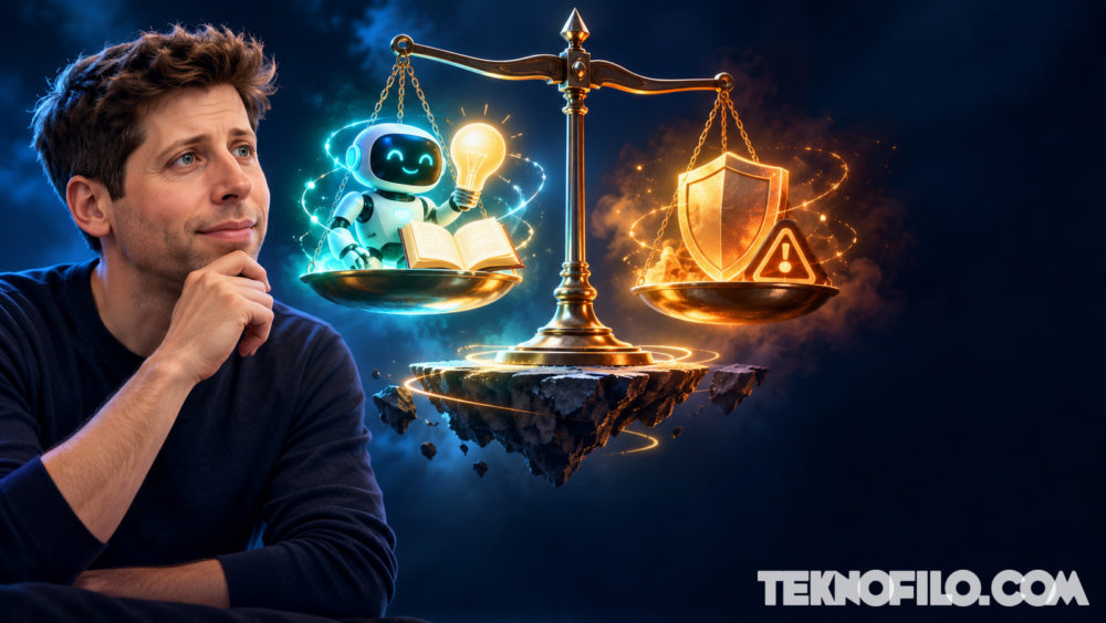 Sam Altman defiende aceptar riesgos de la IA para no frenar su extensión Ilustración conceptual de Sam Altman junto a una balanza entre los beneficios de la inteligencia artificial y la seguridad