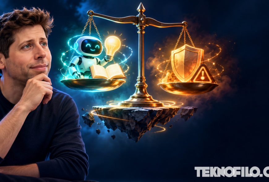 Ilustración conceptual de Sam Altman junto a una balanza entre los beneficios de la inteligencia artificial y la seguridad