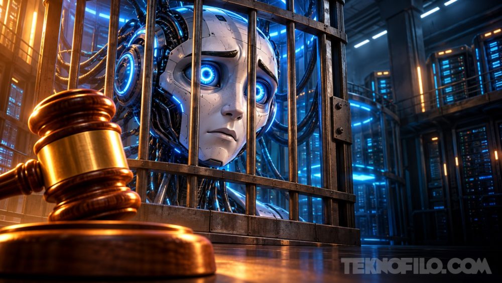 La carrera de la IA podría tener un nuevo freno: hasta 20 años de cárcel Ilustración de un robot tras unas rejas y un mazo judicial, como metáfora de la regulación de la superinteligencia artificial