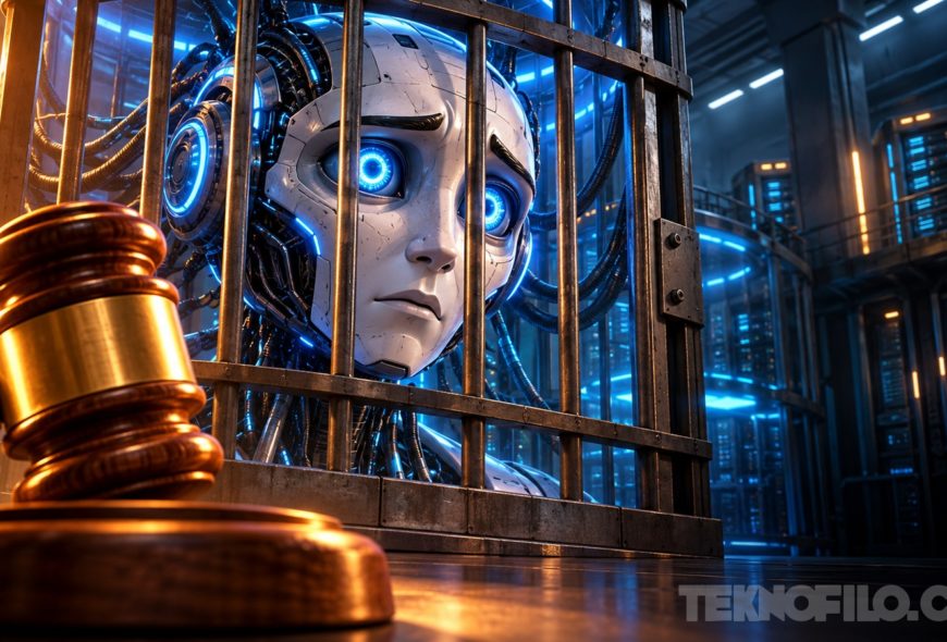 Ilustración de un robot tras unas rejas y un mazo judicial, como metáfora de la regulación de la superinteligencia artificial