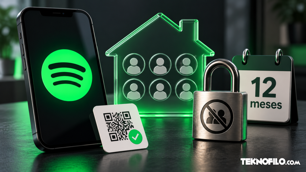 Spotify endurece el plan Familiar: QR y 12 meses sin entrar en otro grupo Ilustración de Spotify con una casa, perfiles de usuarios, un código QR y un calendario de 12 meses