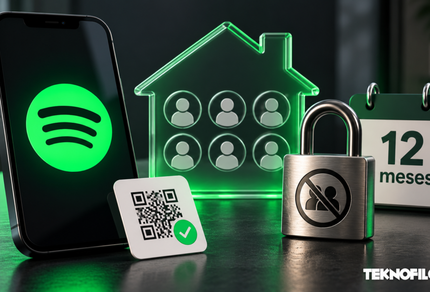 Spotify endurece el plan Familiar: QR y 12 meses sin entrar en otro grupo Ilustración de Spotify con una casa, perfiles de usuarios, un código QR y un calendario de 12 meses