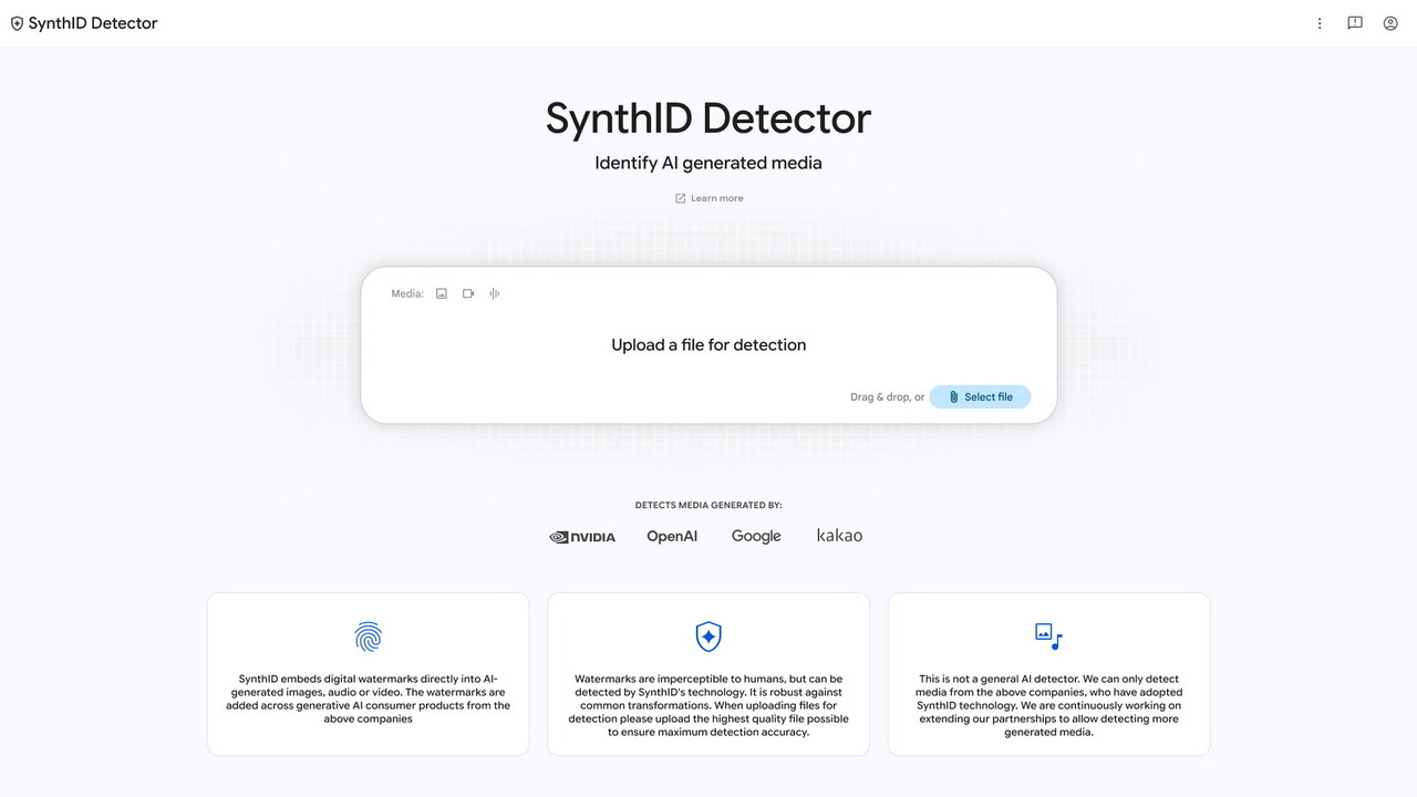 Pantalla de SynthID Detector para subir imágenes, vídeos y audio y buscar marcas de agua