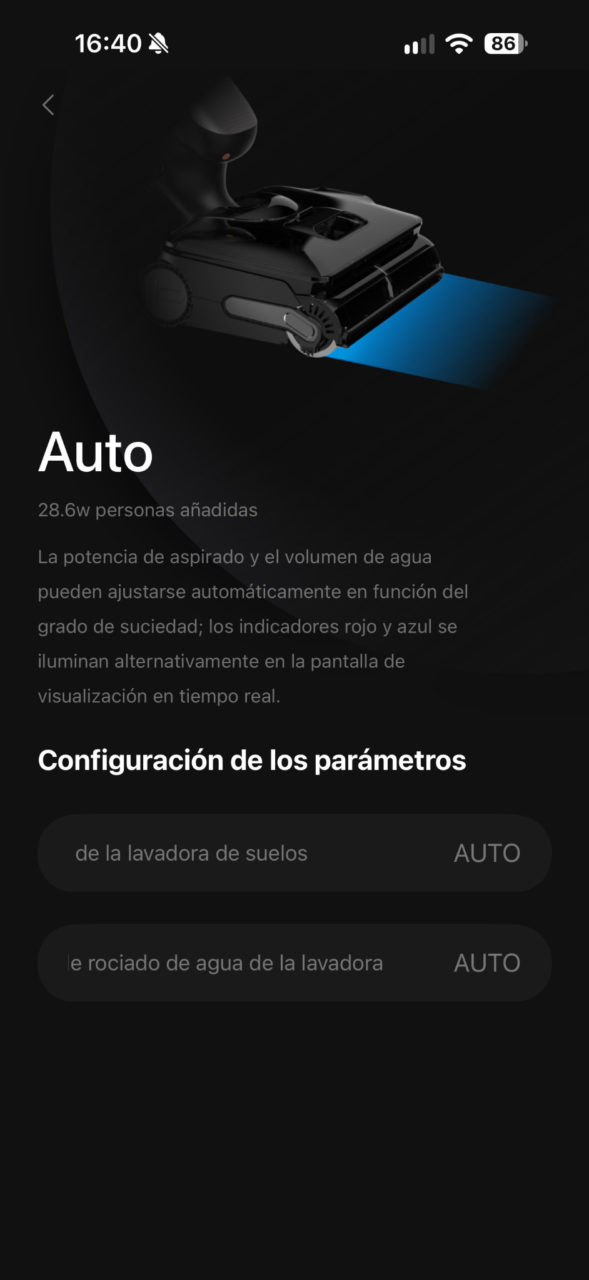 Parámetros automáticos de aspiración y agua