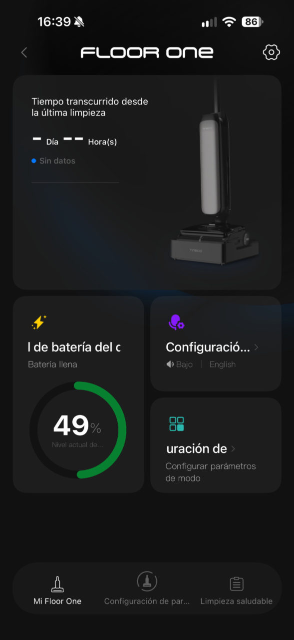 Pantalla principal de la app Tineco con batería y accesos a ajustes
