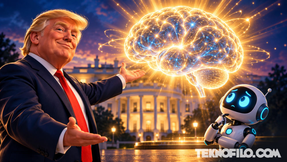 Trump llama «enemigo» a quien diga «inteligencia artificial» en lugar de «superinteligencia» Ilustración editorial de Donald Trump junto a un cerebro holográfico y un robot ante la Casa Blanca