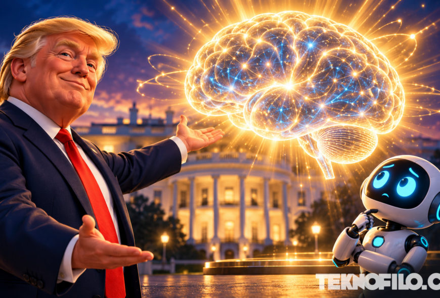 Trump llama «enemigo» a quien diga «inteligencia artificial» en lugar de «superinteligencia» Ilustración editorial de Donald Trump junto a un cerebro holográfico y un robot ante la Casa Blanca