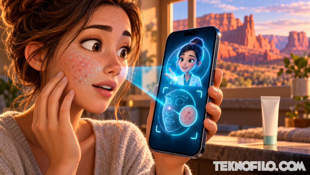 Utah va a permitir que una IA recete tratamientos sin intervención humana Ilustración de una mujer que analiza su piel con una aplicación de inteligencia artificial, con un paisaje de Utah al fondo.
