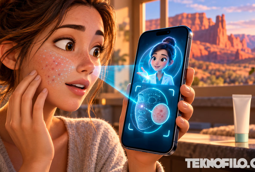 Utah va a permitir que una IA recete tratamientos sin intervención humana Ilustración de una mujer que analiza su piel con una aplicación de inteligencia artificial, con un paisaje de Utah al fondo.