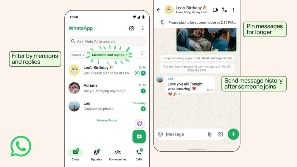 WhatsApp estrena cuatro mejoras para no perderte en los grupos: estas son las novedades Novedades de WhatsApp para grupos: mensajes fijados, historial, estados y menciones