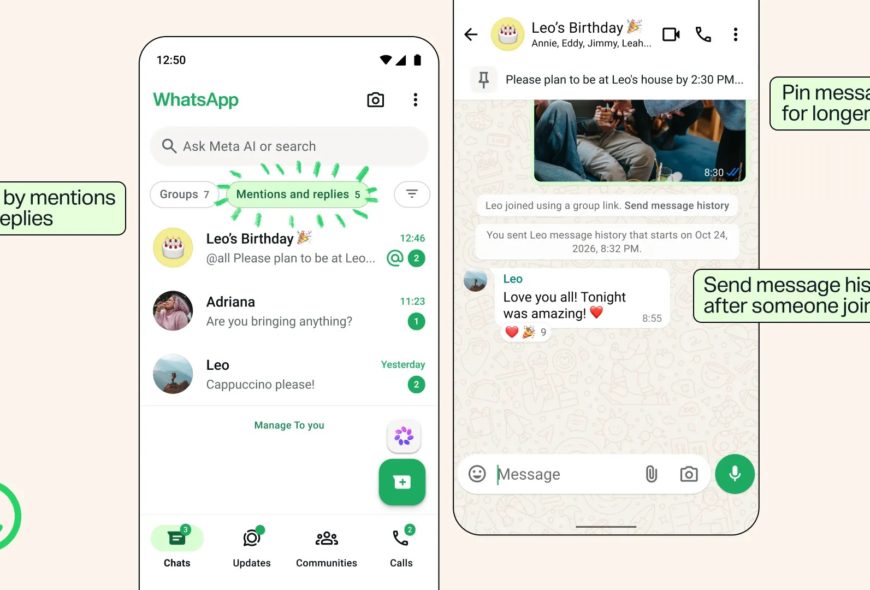 Novedades de WhatsApp para grupos: mensajes fijados, historial, estados y menciones