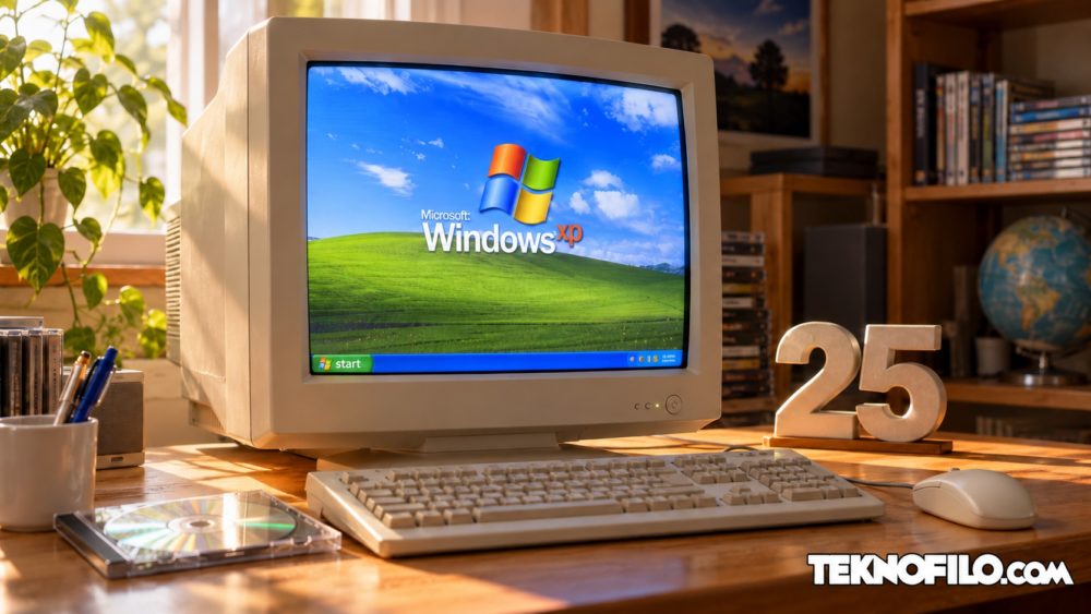 Windows XP cumple 25 años: el salto que cambió el PC doméstico Ilustración de un ordenador con Windows XP por su 25.º aniversario